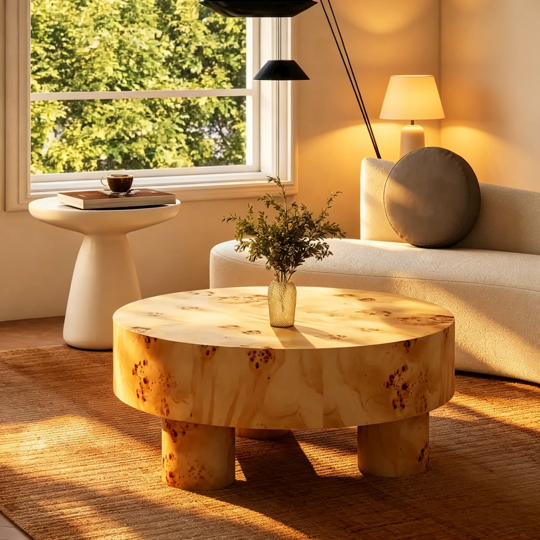 Table basse ronde de 35,5 pouces en toile de jute avec pieds colonnaires.