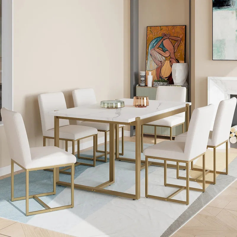 Ensemble de table et chaises de salle à manger rectangulaires modernes, comprenant une table à manger en faux marbre et six chaises de salle à manger rembourrées.