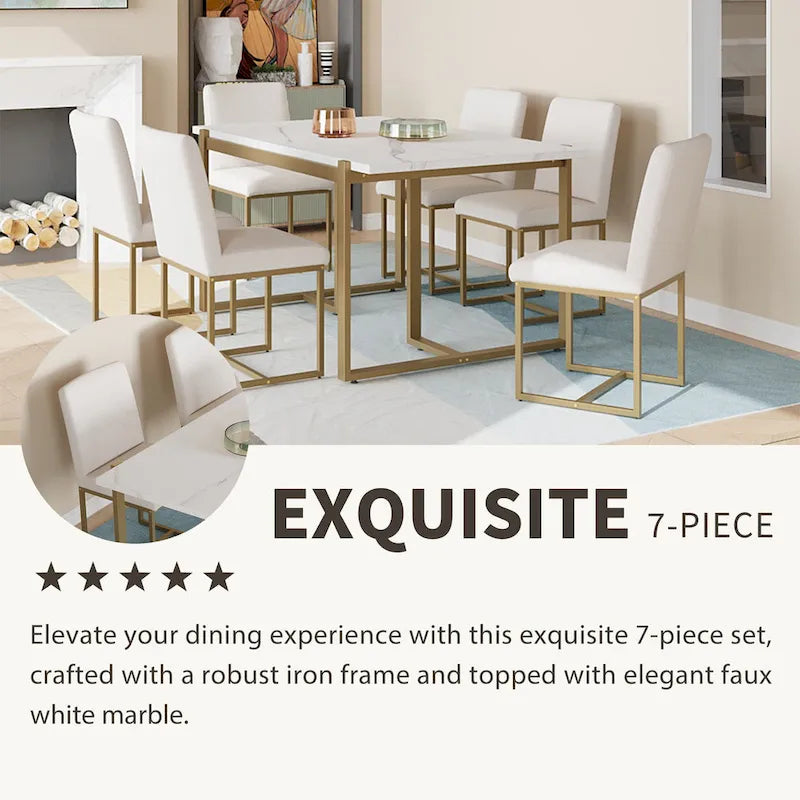 Ensemble de table et chaises de salle à manger rectangulaires modernes, comprenant une table à manger en faux marbre et six chaises de salle à manger rembourrées.