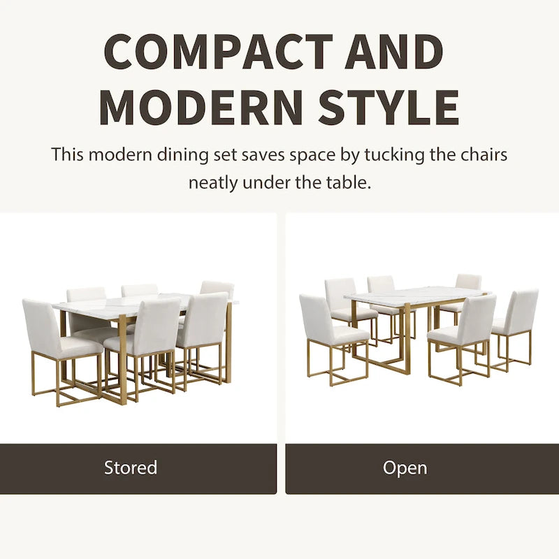 Ensemble de table et chaises de salle à manger rectangulaires modernes, comprenant une table à manger en faux marbre et six chaises de salle à manger rembourrées.
