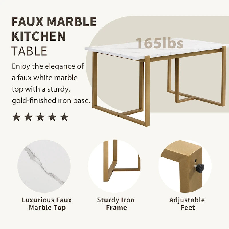 Ensemble de table et chaises de salle à manger rectangulaires modernes, comprenant une table à manger en faux marbre et six chaises de salle à manger rembourrées.