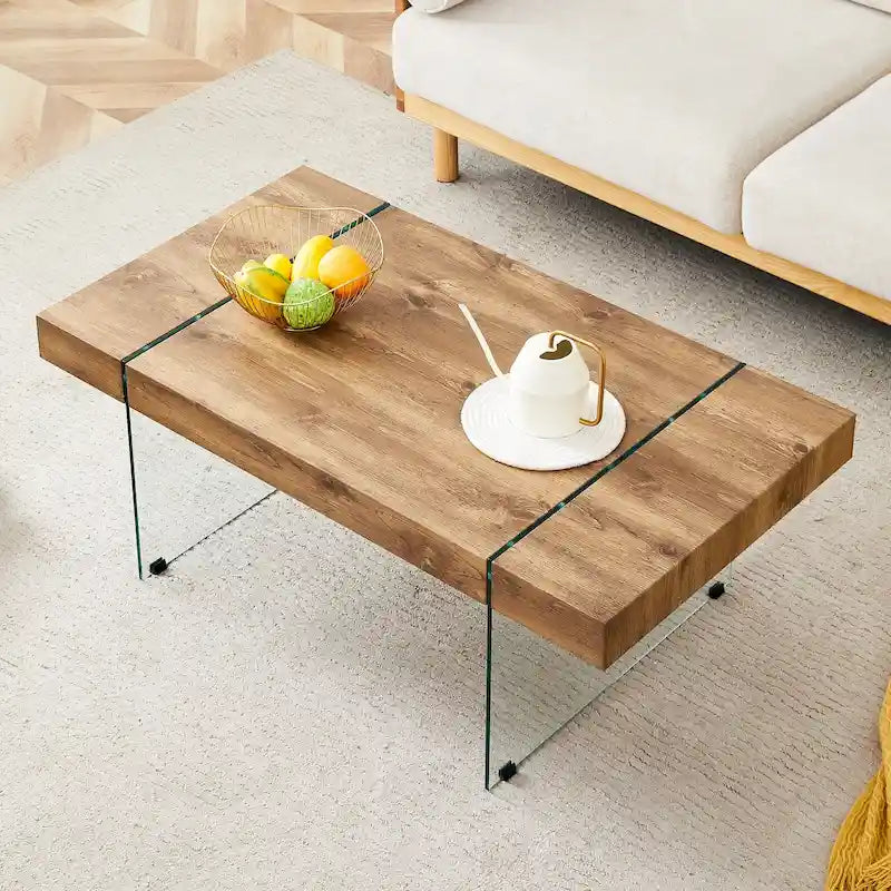 Table basse rectangulaire avec pieds en verre trempé, tables d'appoint en bois, tables basses en bois pour salon, salle de réception
