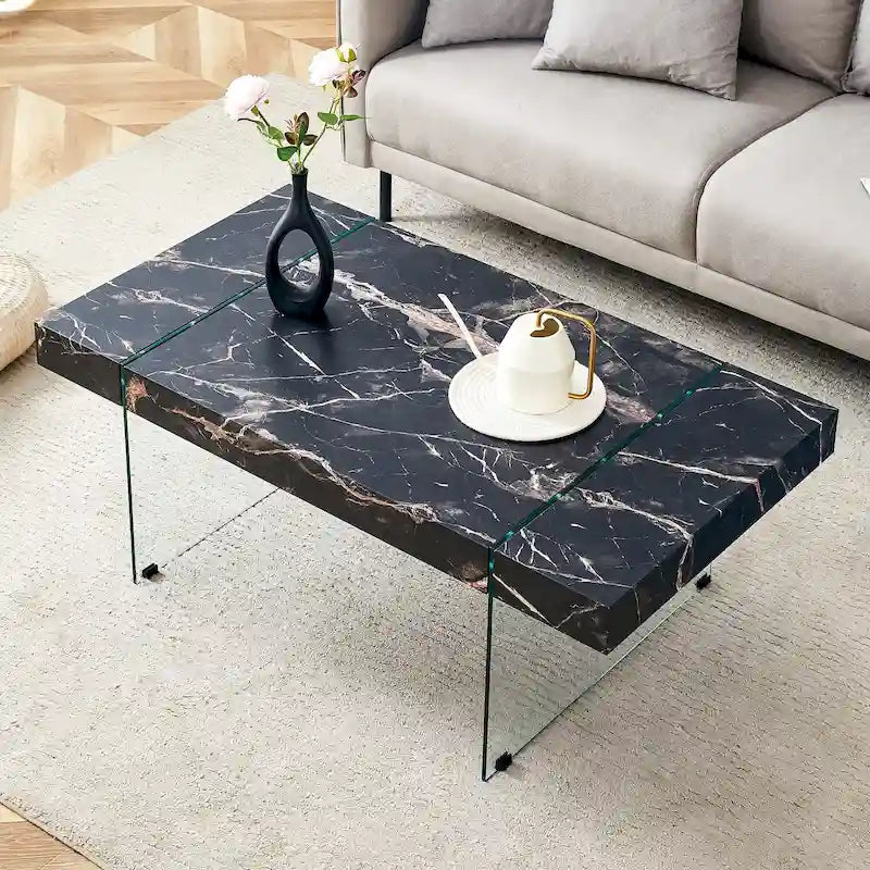 Table basse rectangulaire avec pieds en verre trempé, tables d'appoint en bois, tables basses en bois pour salon, salle de réception