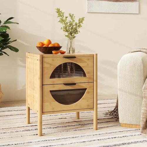 Lot de 2 tables de chevet en bambou avec 2 tiroirs de rangement et niches