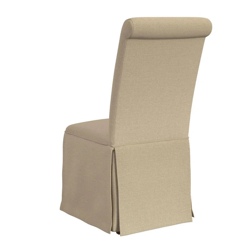 Ensemble de 2 chaises de salle à manger, dossier haut avec bords roulés, base à jupe, beige.