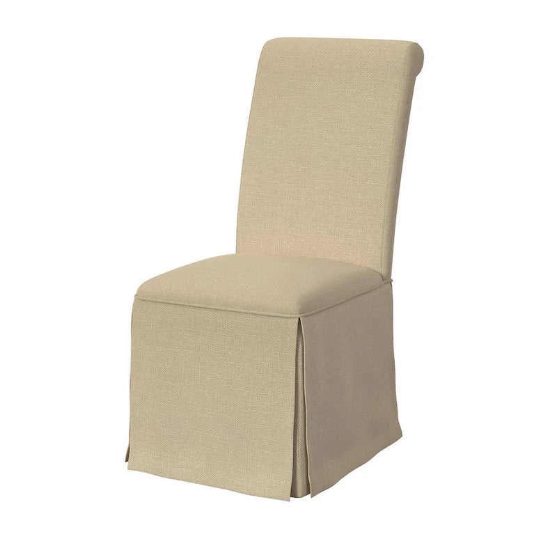 Ensemble de 2 chaises de salle à manger, dossier haut avec bords roulés, base à jupe, beige.