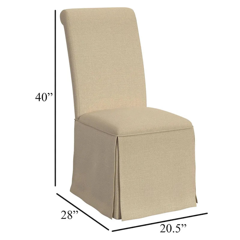 Ensemble de 2 chaises de salle à manger, dossier haut avec bords roulés, base à jupe, beige.
