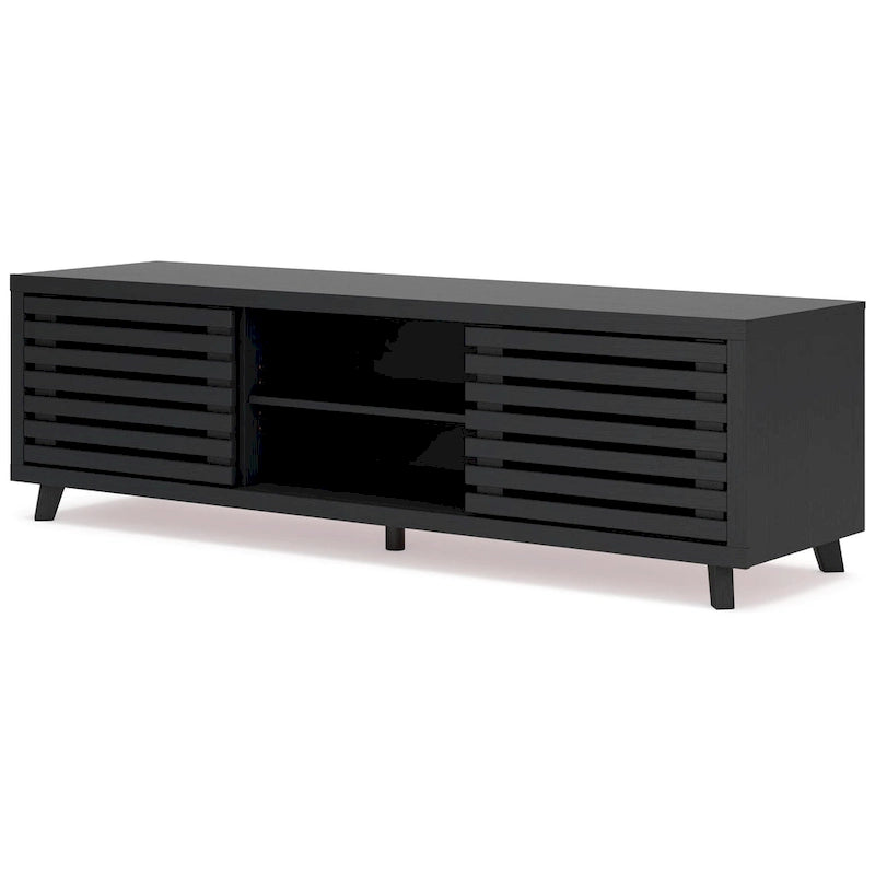 Meuble TV grand format, 4 étagères, finition grain de bois noir, 183 cm