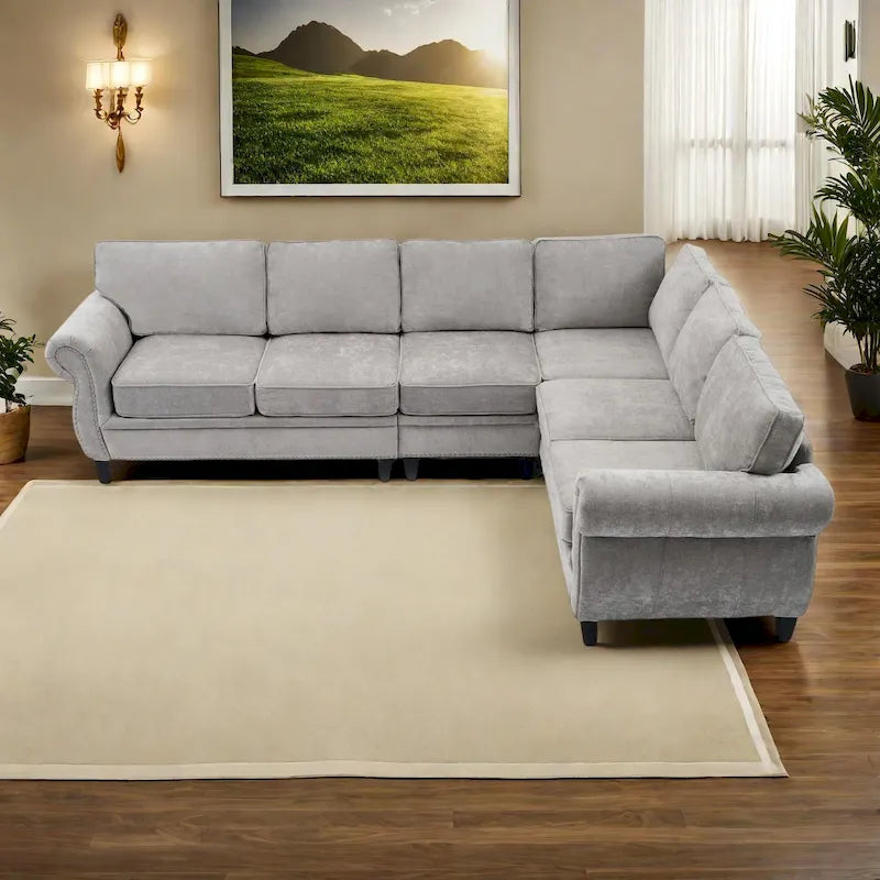 Canapé d'angle en chenille 6 places de 278 cm avec accoudoirs roulés décorés de rivets, coussins et cadre en bois