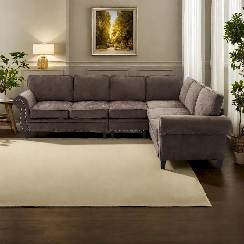 Canapé d'angle en chenille 6 places de 278 cm avec accoudoirs roulés décorés de rivets, coussins et cadre en bois