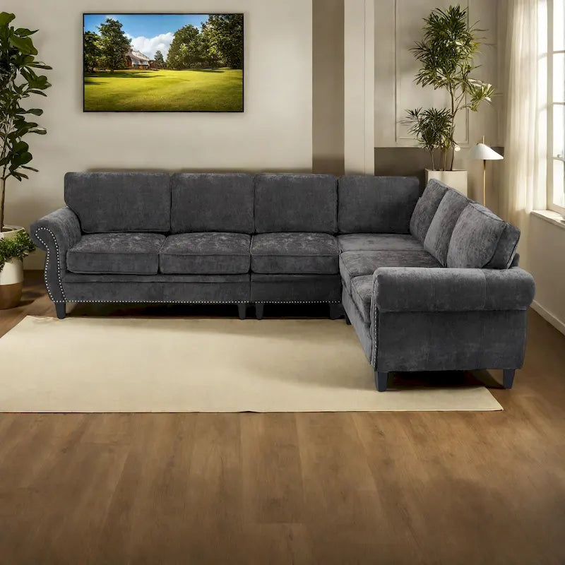 Canapé d'angle en chenille 6 places de 278 cm avec accoudoirs roulés décorés de rivets, coussins et cadre en bois