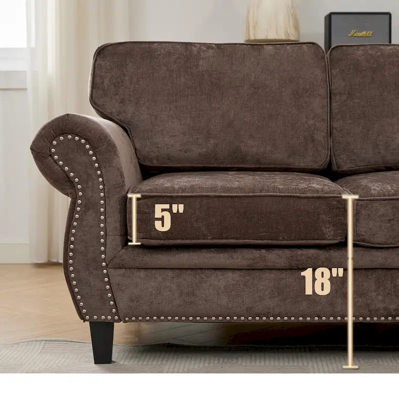 Canapé d'angle en chenille 6 places de 278 cm avec accoudoirs roulés décorés de rivets, coussins et cadre en bois