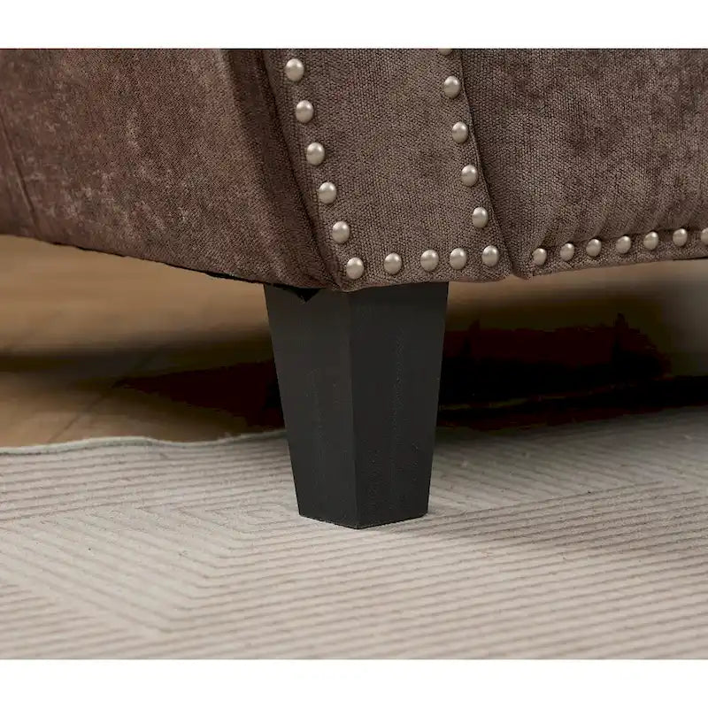 Canapé d'angle en chenille 6 places de 278 cm avec accoudoirs roulés décorés de rivets, coussins et cadre en bois