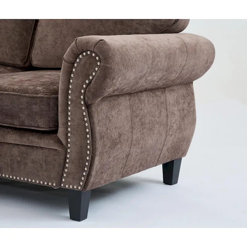Canapé d'angle en chenille 6 places de 278 cm avec accoudoirs roulés décorés de rivets, coussins et cadre en bois