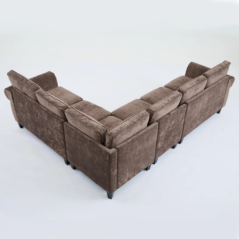Canapé d'angle en chenille 6 places de 278 cm avec accoudoirs roulés décorés de rivets, coussins et cadre en bois