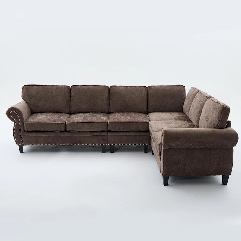 Canapé d'angle en chenille 6 places de 278 cm avec accoudoirs roulés décorés de rivets, coussins et cadre en bois