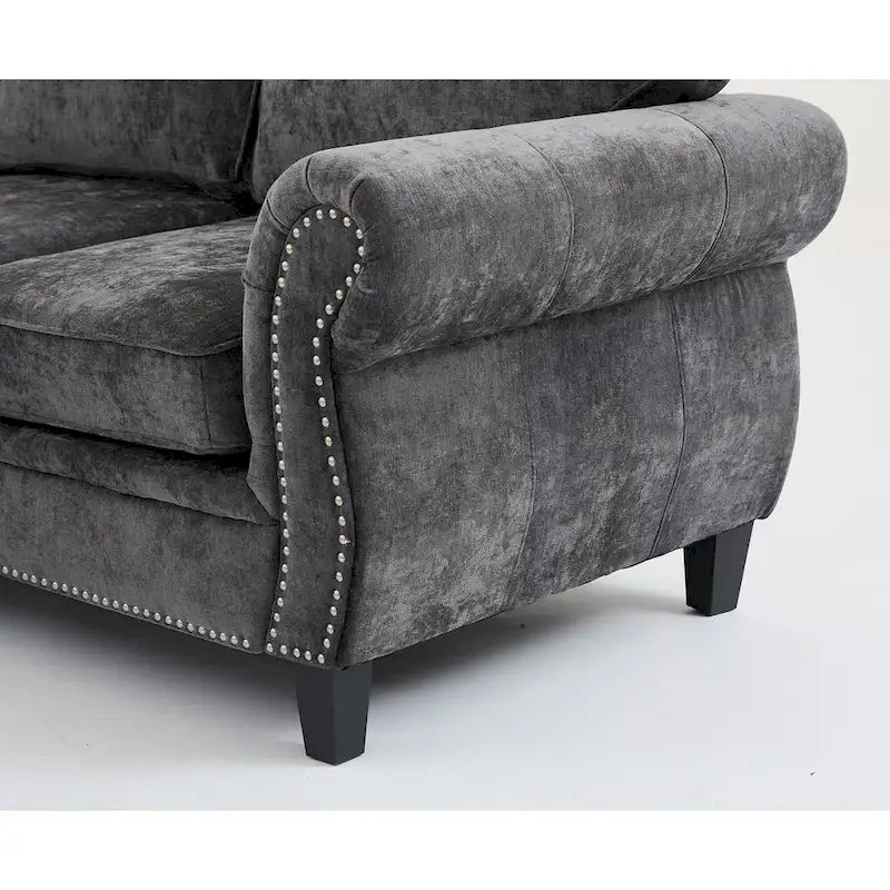 Canapé d'angle en chenille 6 places de 278 cm avec accoudoirs roulés décorés de rivets, coussins et cadre en bois