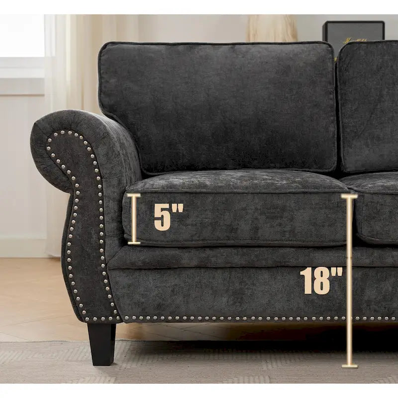 Canapé d'angle en chenille 6 places de 278 cm avec accoudoirs roulés décorés de rivets, coussins et cadre en bois