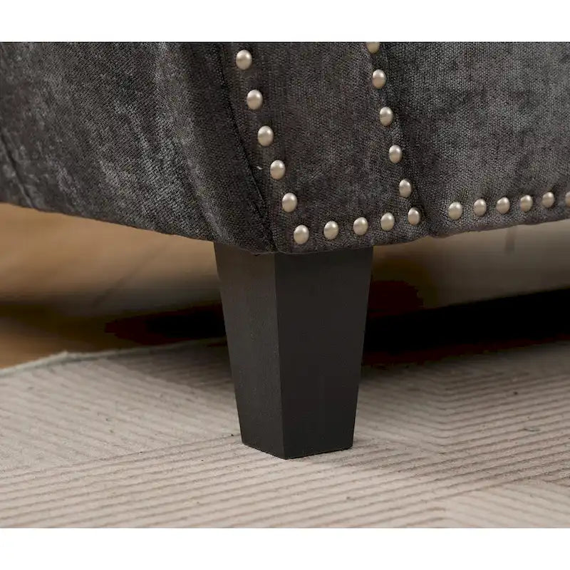 Canapé d'angle en chenille 6 places de 278 cm avec accoudoirs roulés décorés de rivets, coussins et cadre en bois
