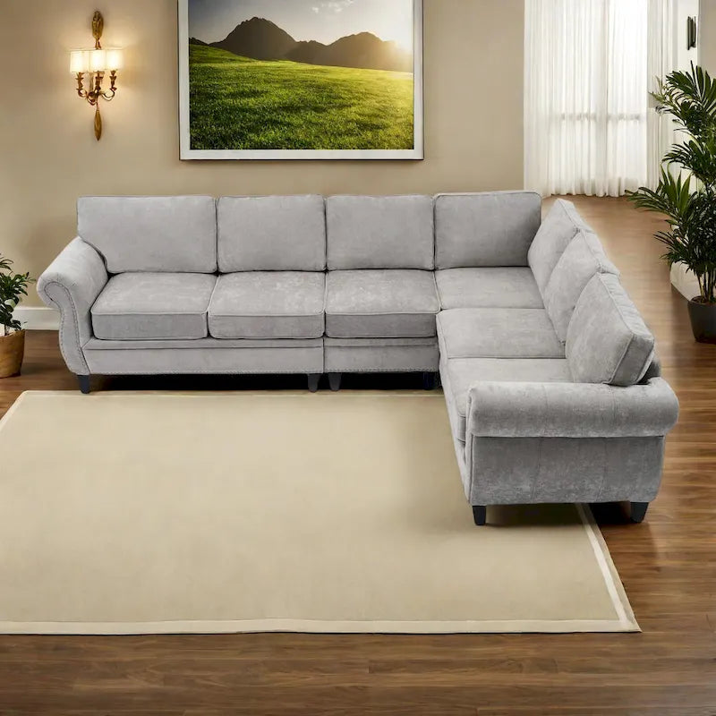 Canapé d'angle en chenille 6 places de 278 cm avec accoudoirs roulés décorés de rivets, coussins et cadre en bois