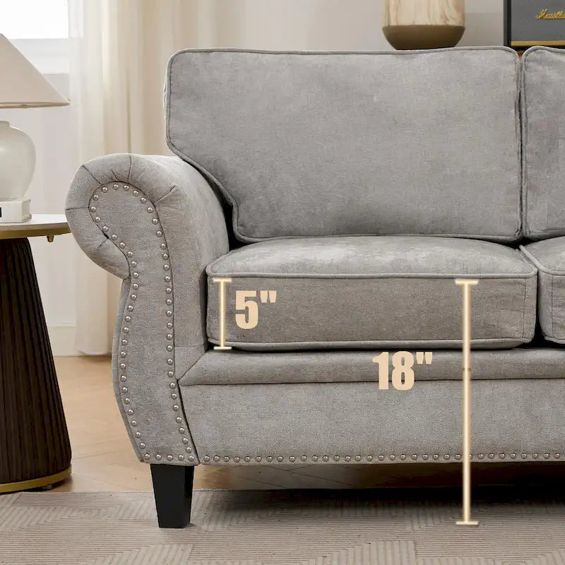 Canapé d'angle en chenille 6 places de 278 cm avec accoudoirs roulés décorés de rivets, coussins et cadre en bois