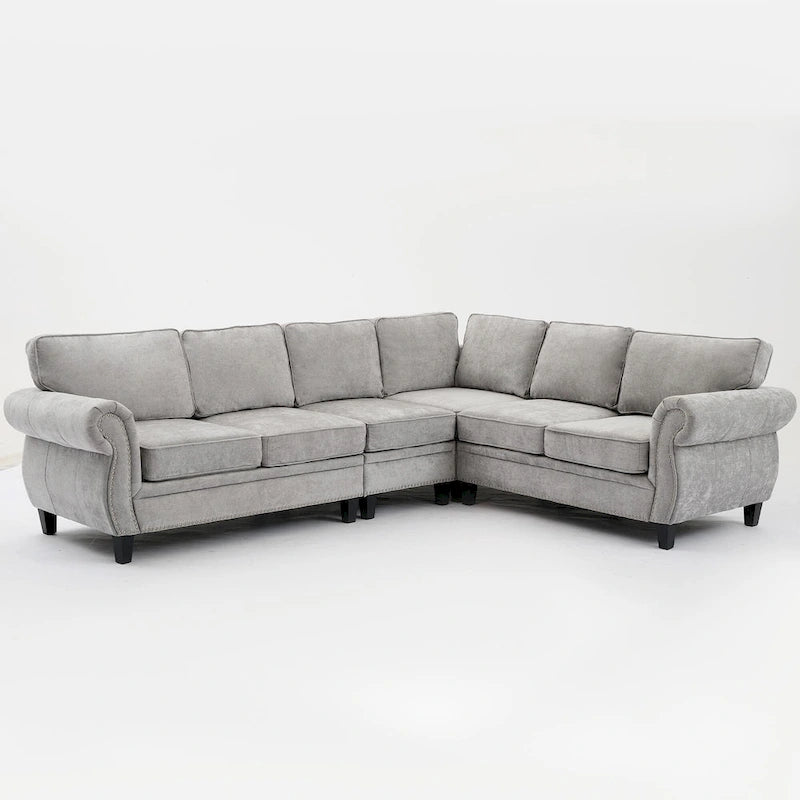 Canapé d'angle en chenille 6 places de 278 cm avec accoudoirs roulés décorés de rivets, coussins et cadre en bois