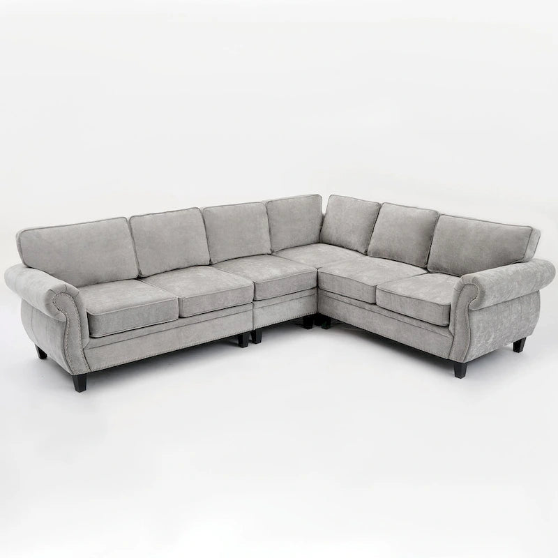 Canapé d'angle en chenille 6 places de 278 cm avec accoudoirs roulés décorés de rivets, coussins et cadre en bois