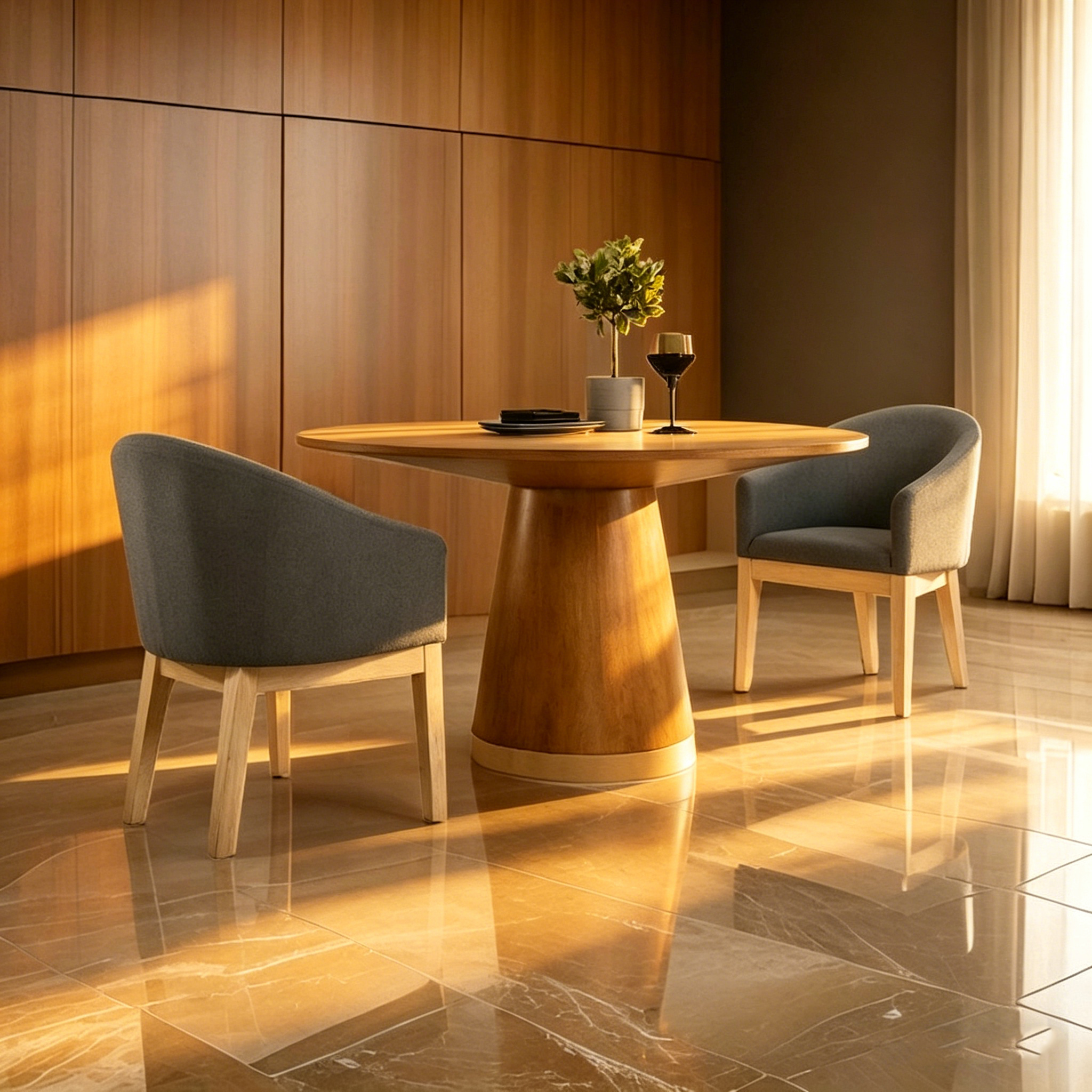 Ensemble de salle à manger trois pièces avec table ronde et chaises baquets, marron et gris.