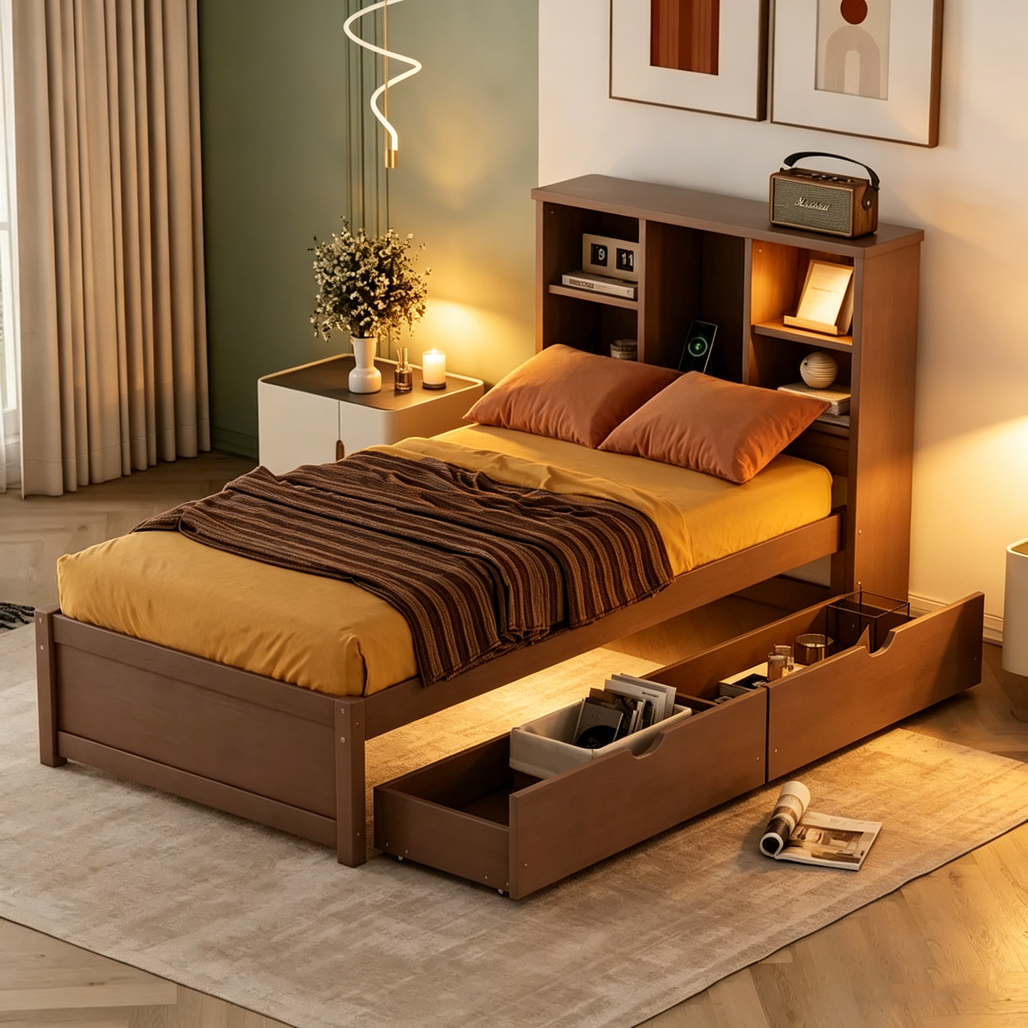 Cadre de lit moderne double avec port USB intégré sur la tête de lit bibliothèque et 2 tiroirs pour chambre à coucher, salon