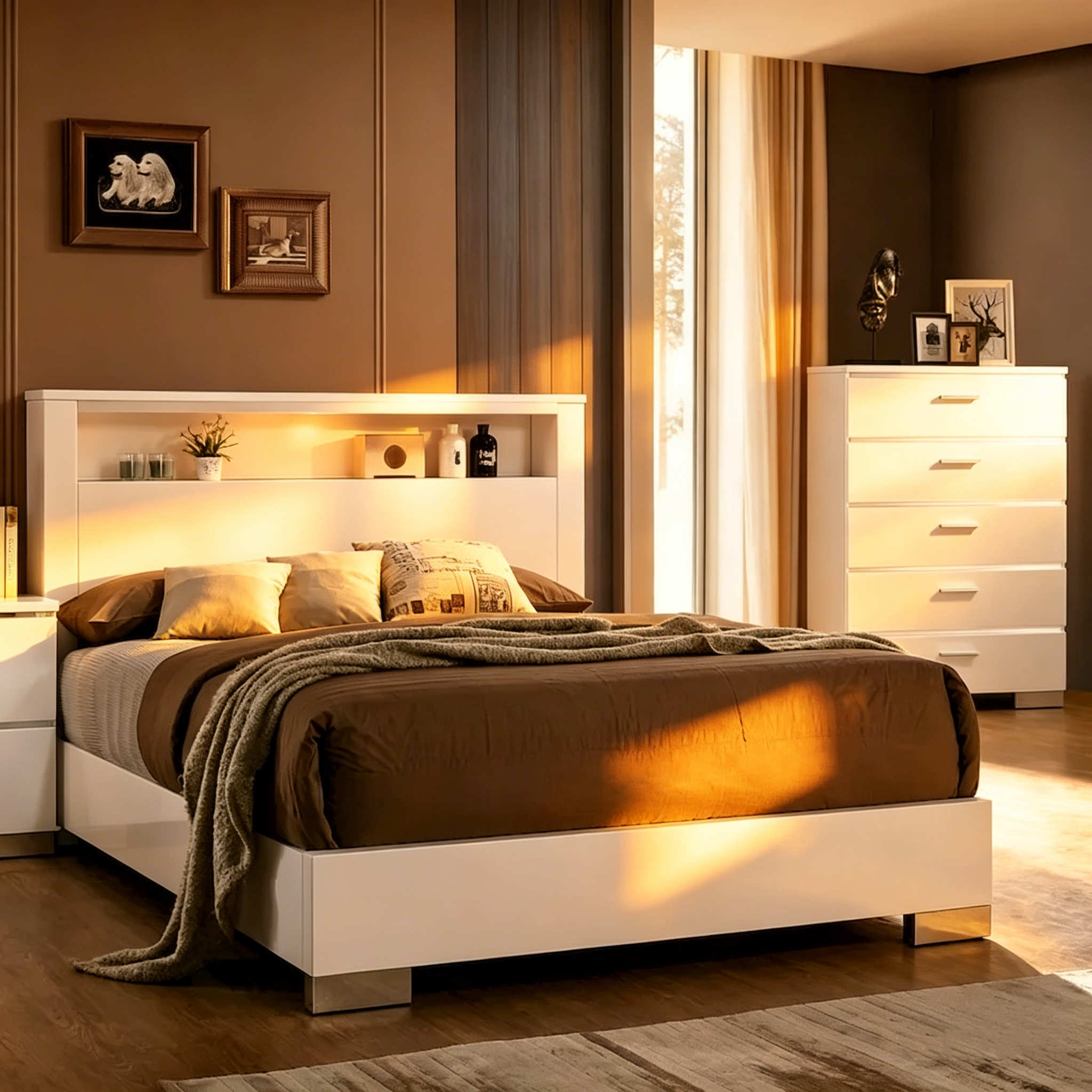 Ensemble lit de rangement deux pièces en bois massif et armoire haute modernes
