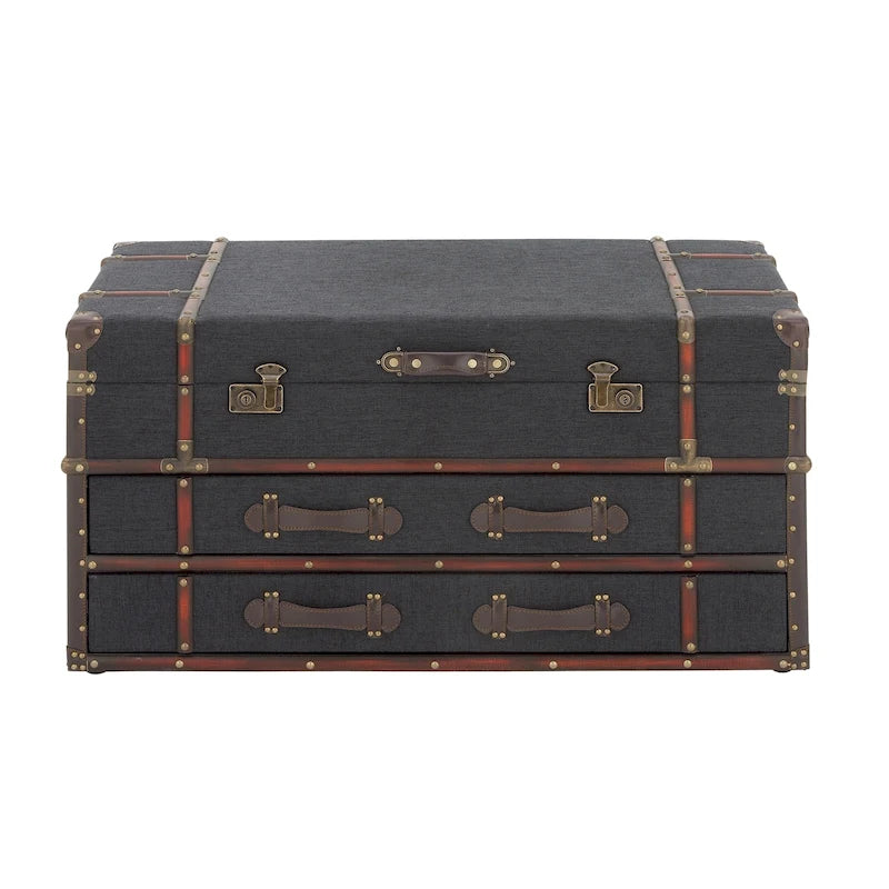 Table basse de style malle en similicuir ou en lin — Deux tiroirs avec plateau relevable à loquet — Disponible en bleu foncé ou marron