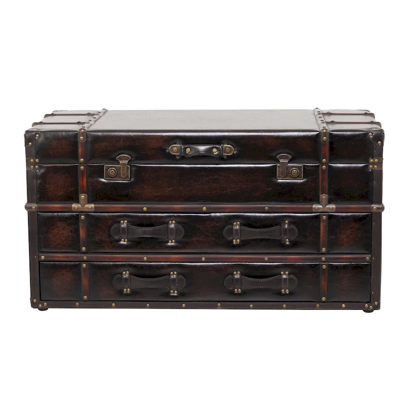 Table basse de style malle en similicuir ou en lin — Deux tiroirs avec plateau relevable à loquet — Disponible en bleu foncé ou marron