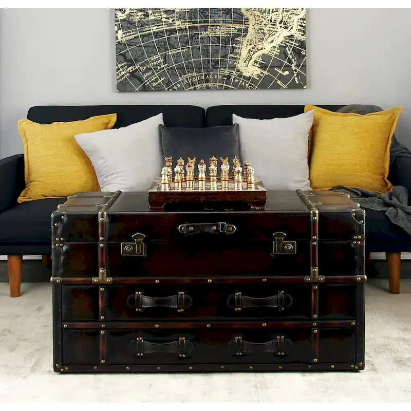 Table basse de style malle en similicuir ou en lin — Deux tiroirs avec plateau relevable à loquet — Disponible en bleu foncé ou marron