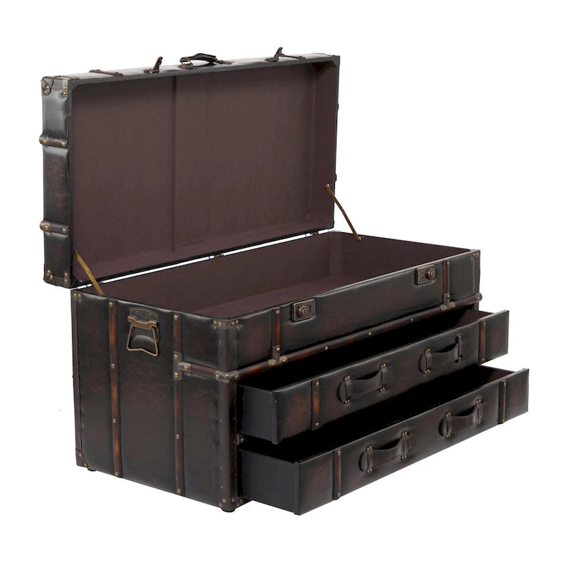 Table basse de style malle en similicuir ou en lin — Deux tiroirs avec plateau relevable à loquet — Disponible en bleu foncé ou marron