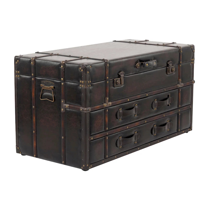 Table basse de style malle en similicuir ou en lin — Deux tiroirs avec plateau relevable à loquet — Disponible en bleu foncé ou marron