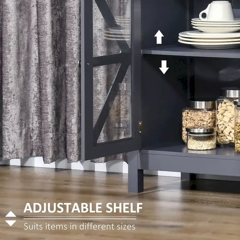 Bahut de cuisine avec étagères de rangement réglables pour les repas sous forme de buffet.