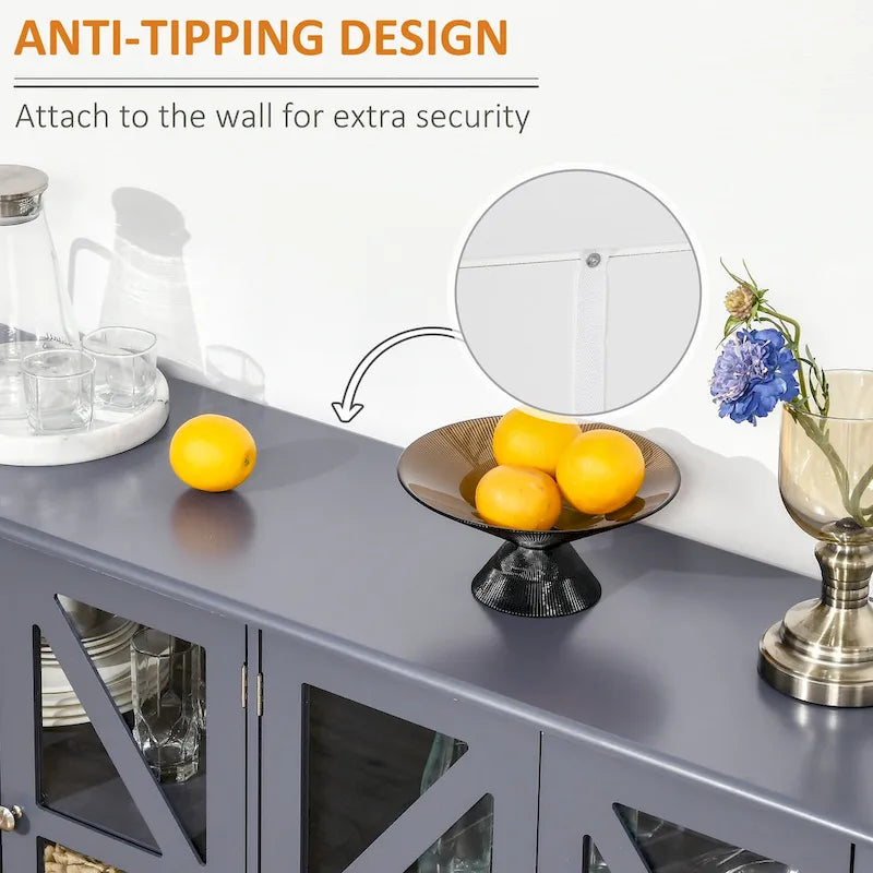 Bahut de cuisine avec étagères de rangement réglables pour les repas sous forme de buffet.