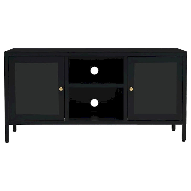 Meuble TV noir, dimensions 41,3 x 13,7 x 20,4 mm, en verre trempé.