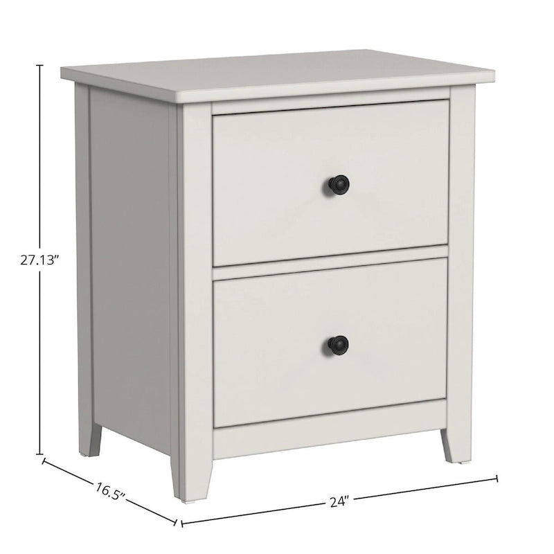 Table de chevet en bois de style fermier à deux tiroirs, finition crème
