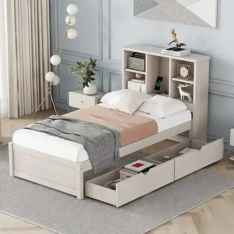Cadre de lit moderne double avec port USB intégré sur la tête de lit bibliothèque et 2 tiroirs pour chambre à coucher, salon