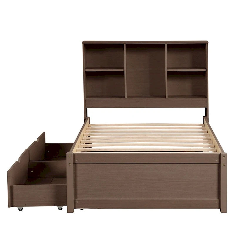 Cadre de lit moderne double avec port USB intégré sur la tête de lit bibliothèque et 2 tiroirs pour chambre à coucher, salon