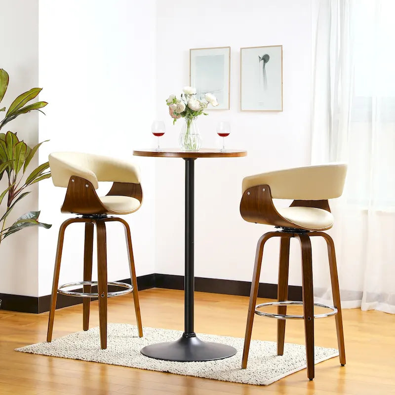 Ensemble trois pièces composé de deux tabourets de bar pivotants réglables et d'une table de bar en similicuir.