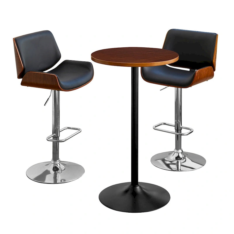 Ensemble trois pièces composé de deux tabourets de bar pivotants réglables et d'une table de bar en similicuir.