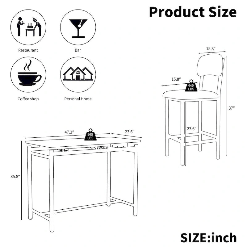 Ensemble table et chaises de cuisine pour 2 personnes, ensemble de 3 pièces avec 2 chaises, ensemble de bar pour petits espaces, petit-déjeuner, pub