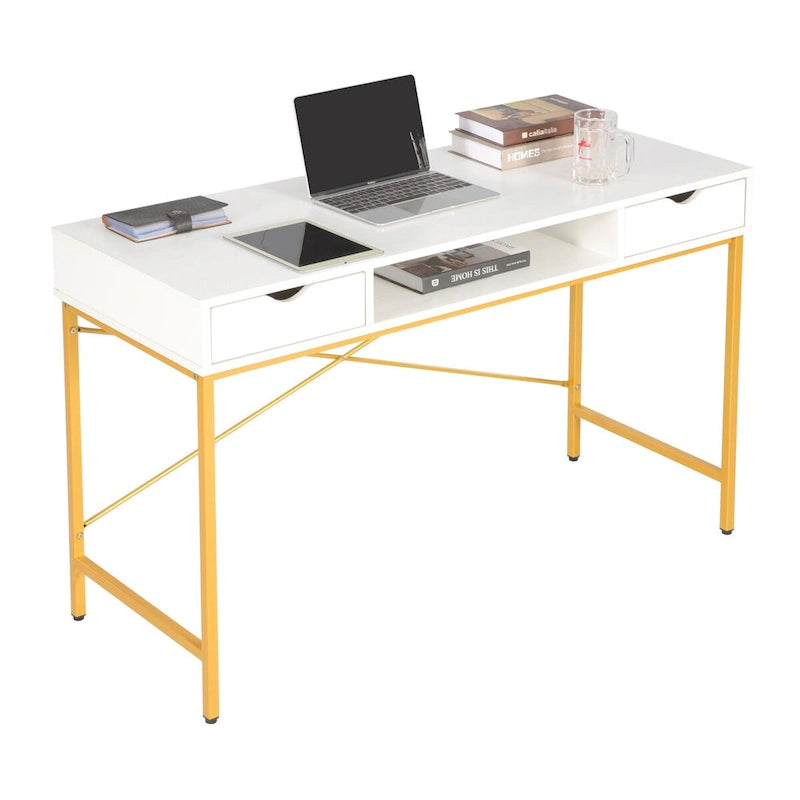Bureau de 122 cm avec tiroirs, grande station de travail moderne pour ordinateur/ordinateur portable avec espace de rangement pour bureau à domicile