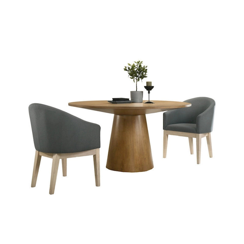 Ensemble de salle à manger trois pièces avec table ronde et chaises baquets, marron et gris.