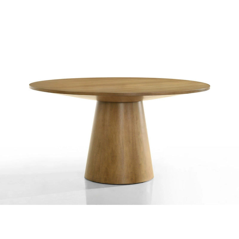 Ensemble de salle à manger trois pièces avec table ronde et chaises baquets, marron et gris.