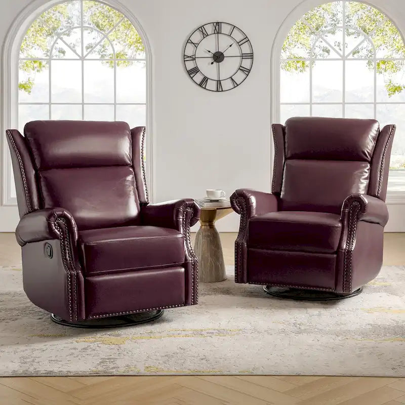 Ensemble de deux fauteuils inclinables pivotants manuels traditionnels en cuir véritable (2 pièces).