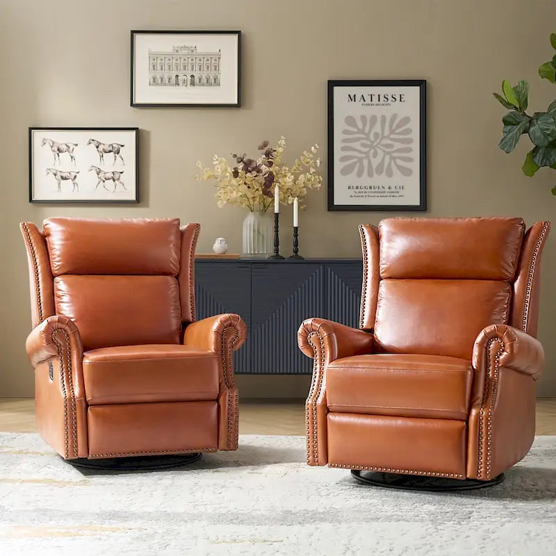 Ensemble de deux fauteuils inclinables pivotants manuels traditionnels en cuir véritable (2 pièces).