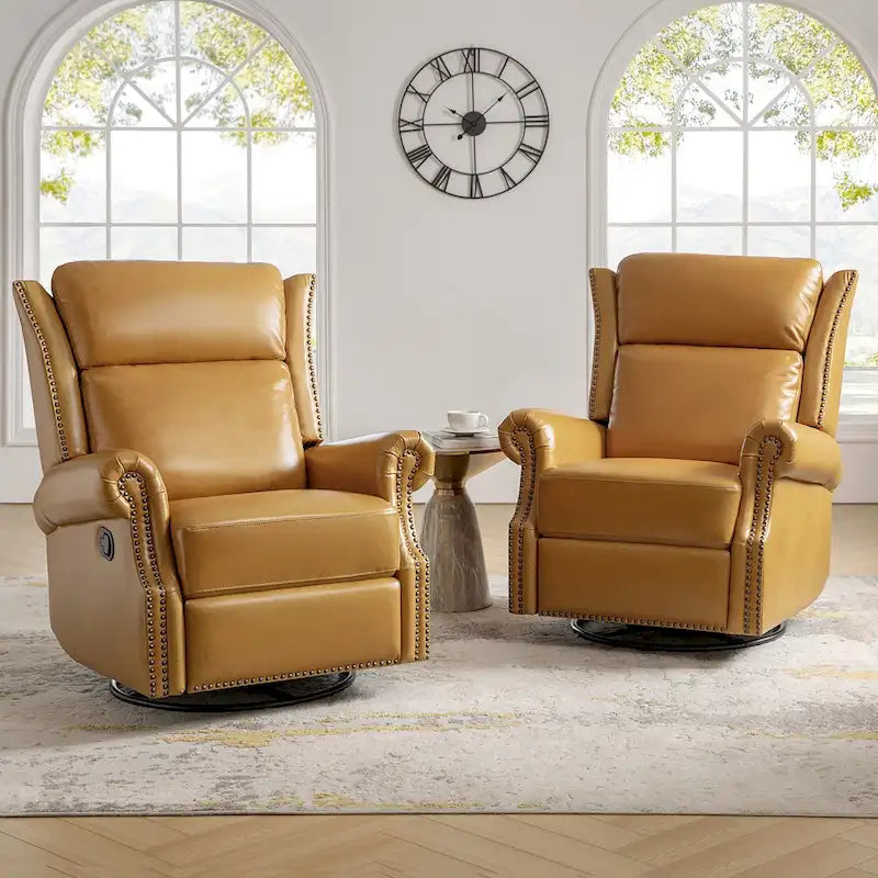 Ensemble de deux fauteuils inclinables pivotants manuels traditionnels en cuir véritable (2 pièces).